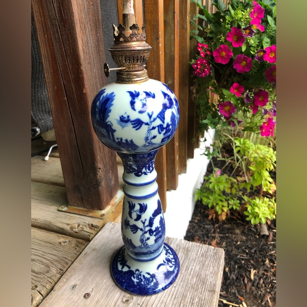 Victoria Ware Ironstone Flow Blue Oul Lamp Vintage/Antique Scenic Tranferware